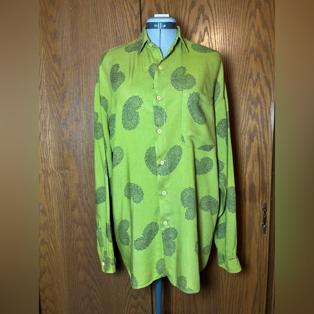 Bright Green Casual Button Down Shirt with Distinctive Pattern - large.